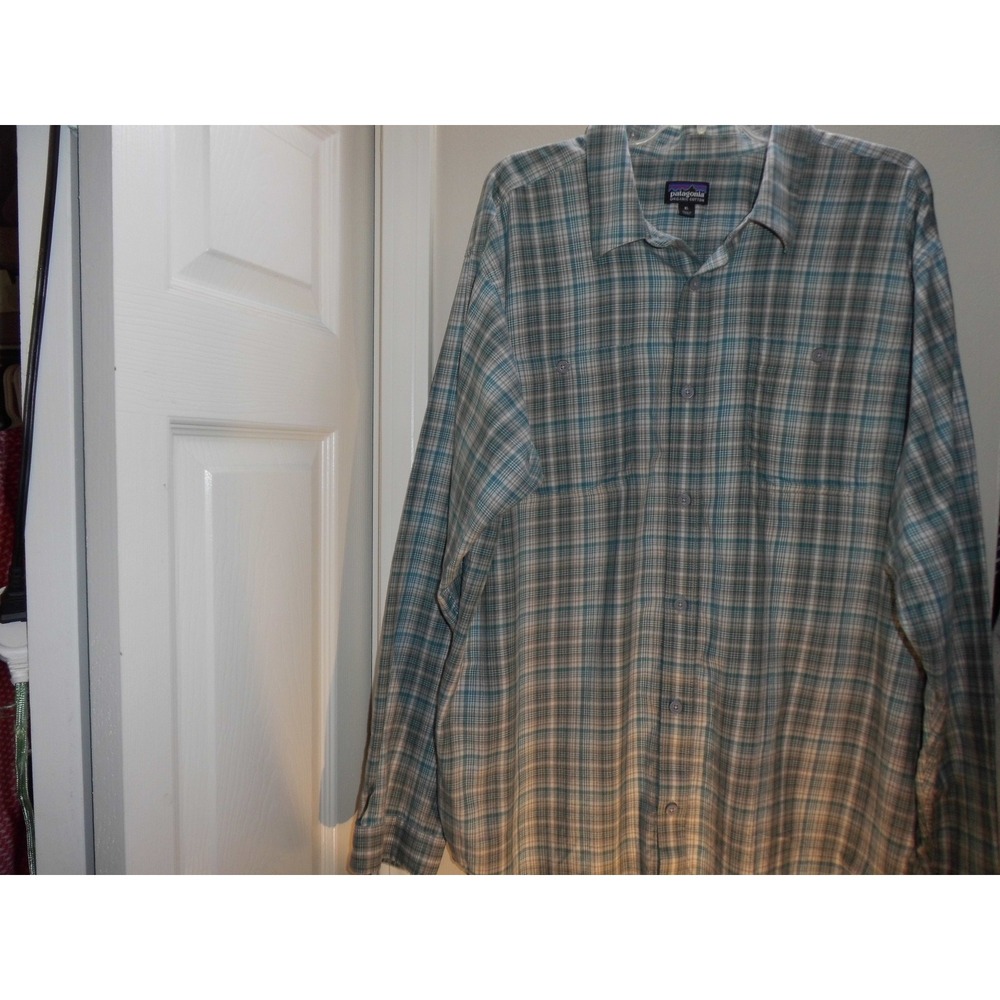 Patagonia Mens Plaid Organic Cotton Long Sleeve Button Down Shirt Blue Green XL